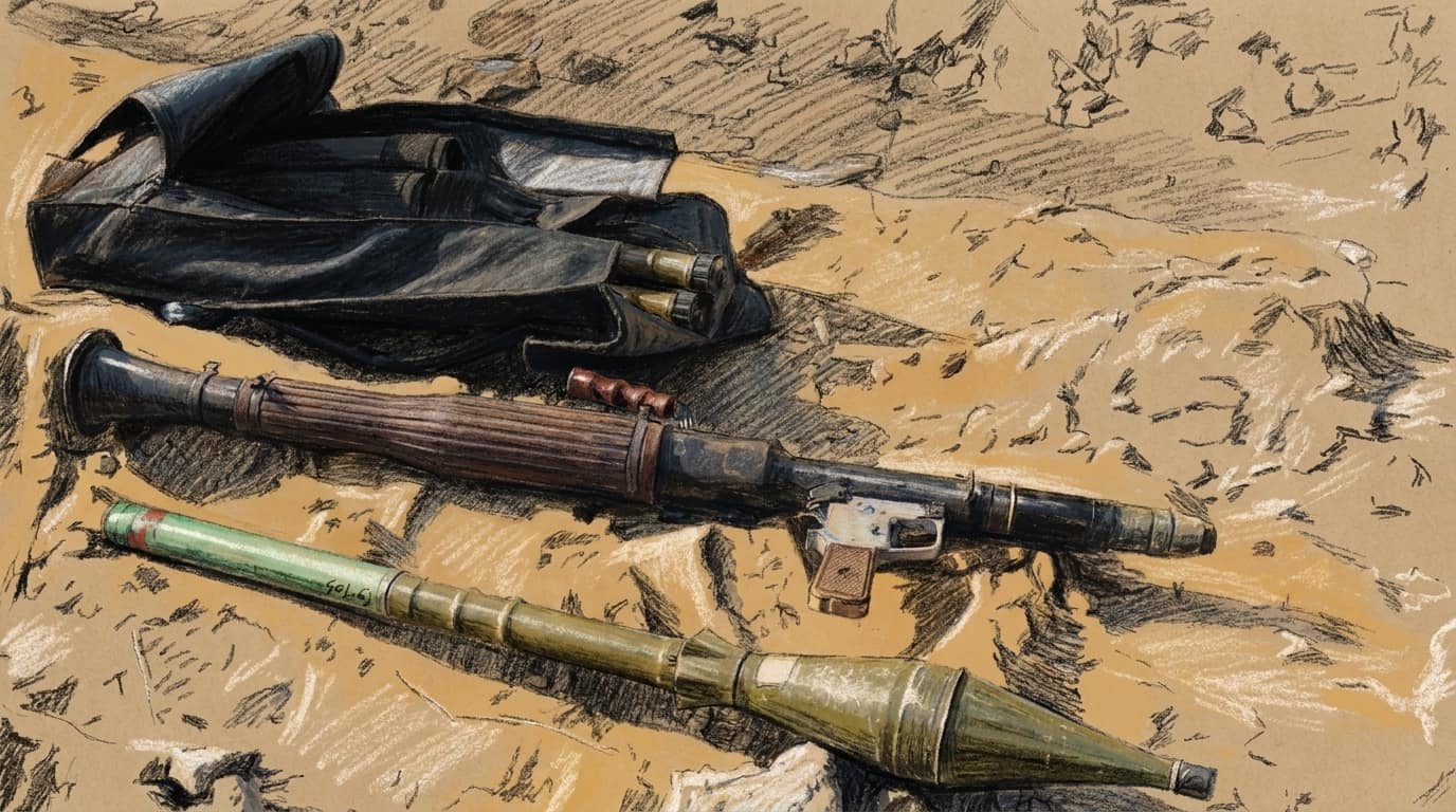 Courtroom-sketch editorial illustration of an RPG launcher, a rocket-propelled grenade, rounds and a black carrying bag arranged on sandy ground