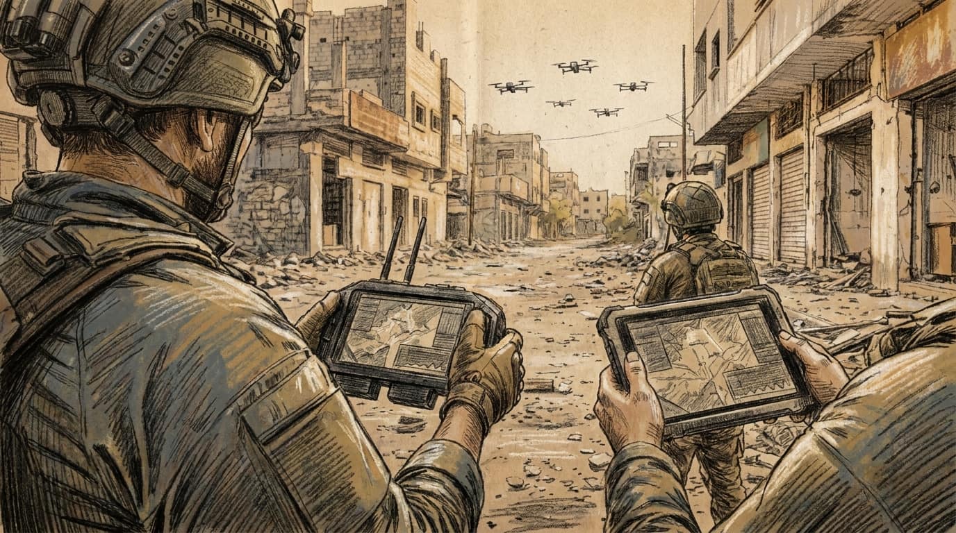 Courtroom-sketch editorial illustration of two Israeli soldiers holding rugged drone-control tablets, a third soldier ahead and five quadcopters above a damaged urban street