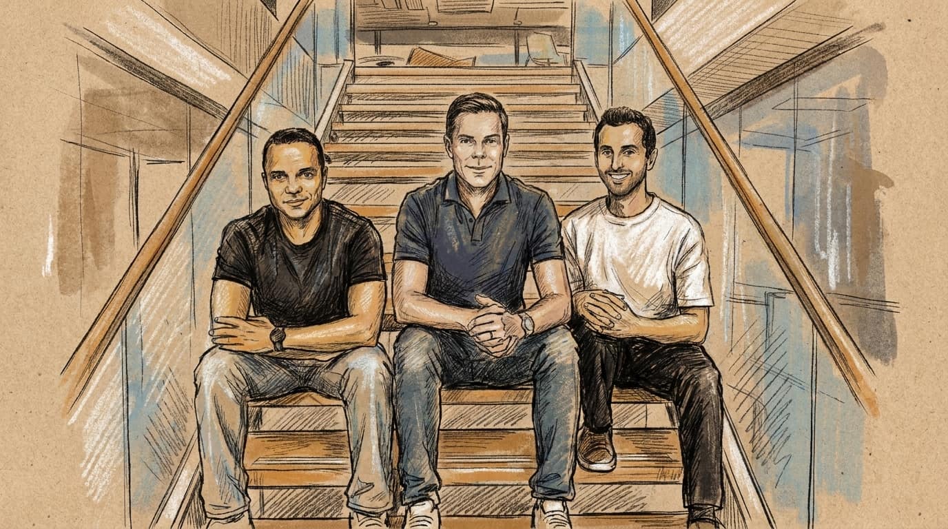 Courtroom-sketch editorial illustration of Neo founders Shlomi Salem, Nick Warner and Eran Shirazi seated together on a modern office staircase