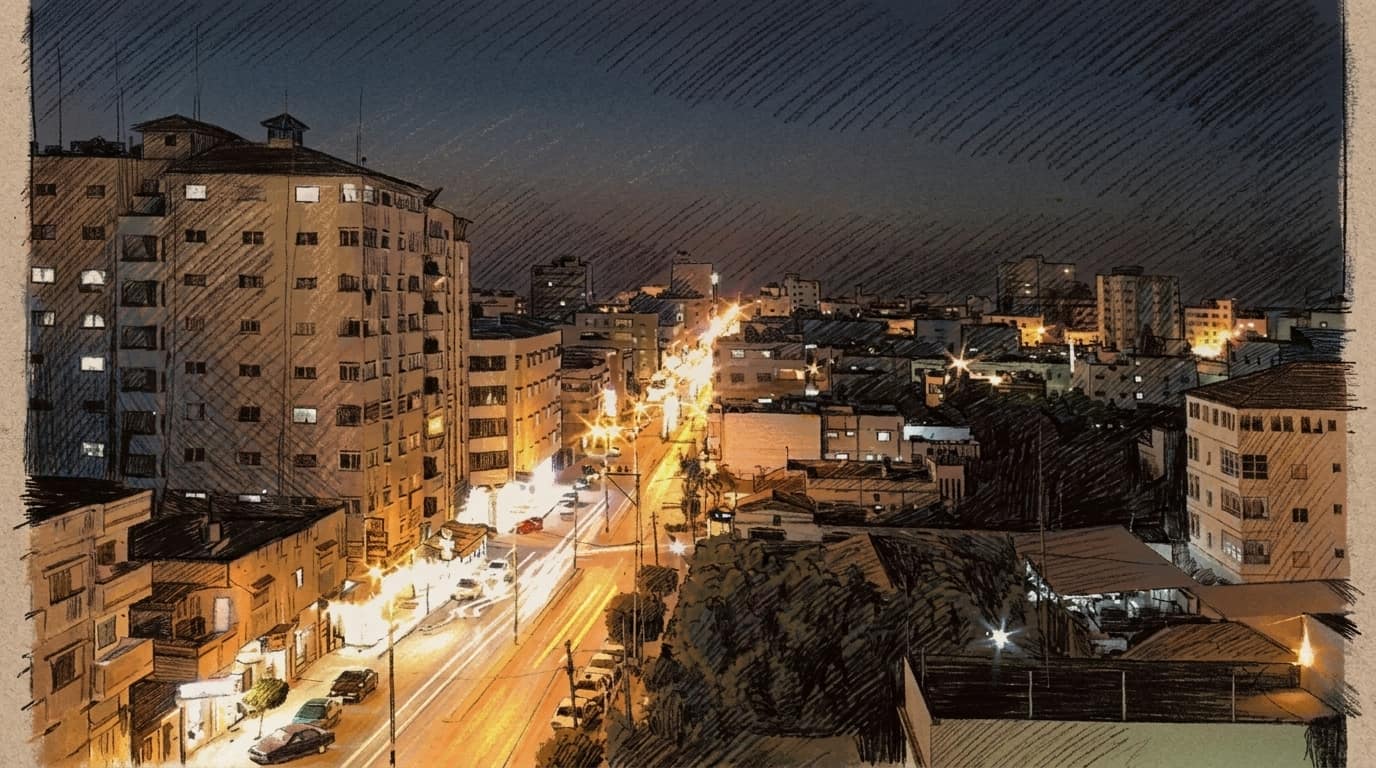 Courtroom-sketch editorial illustration of a brightly lit avenue running through Gaza City at night beneath a dark blue sky