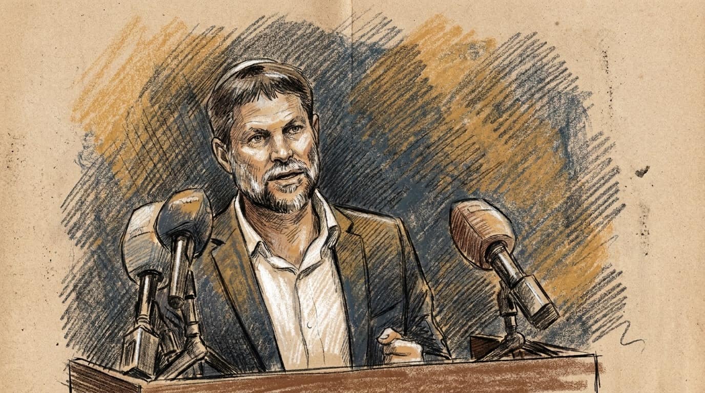 Courtroom-sketch editorial illustration of Bezalel Smotrich speaking at a podium between press microphones