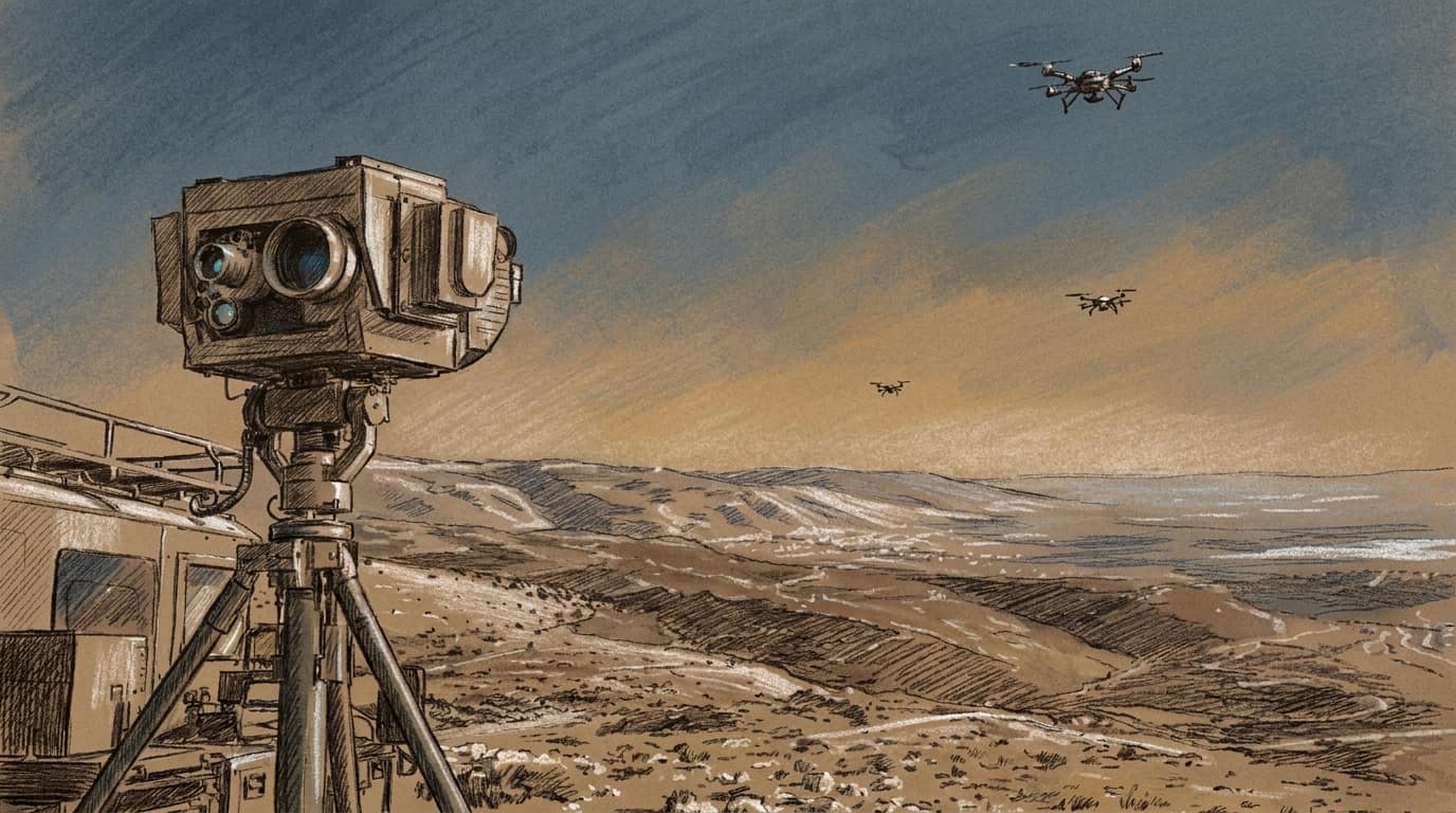 Courtroom-sketch editorial illustration of a tripod-mounted optical drone-detection sensor overlooking a rocky valley as three drones cross the sky