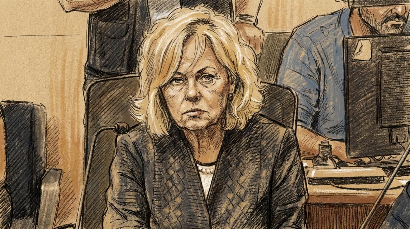 Courtroom-sketch editorial illustration of Attorney General Gali Baharav-Miara seated in an institutional hearing room