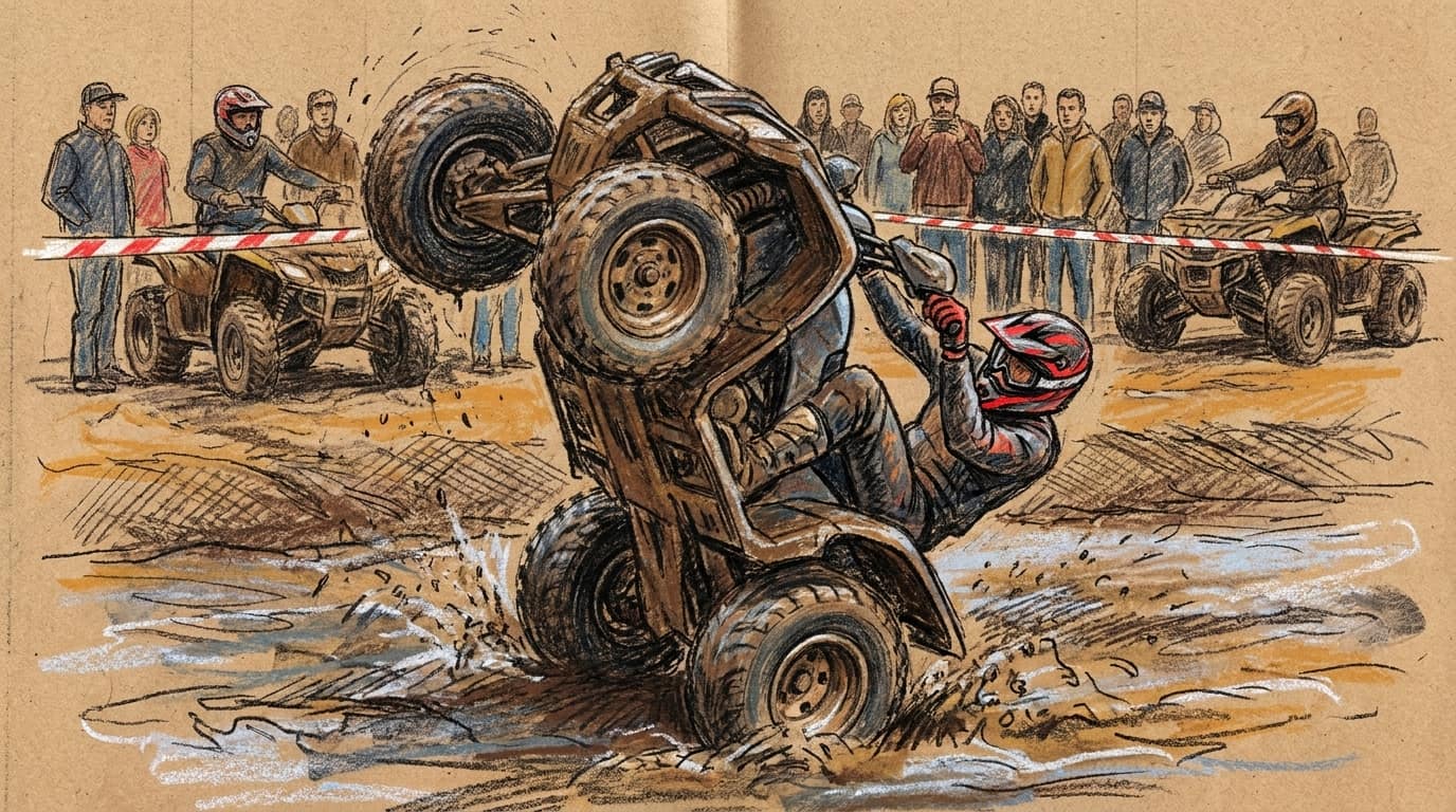Courtroom-sketch editorial illustration of a mud-covered ATV pitched nearly vertical as a helmeted rider falls beside it on a waterlogged off-road course