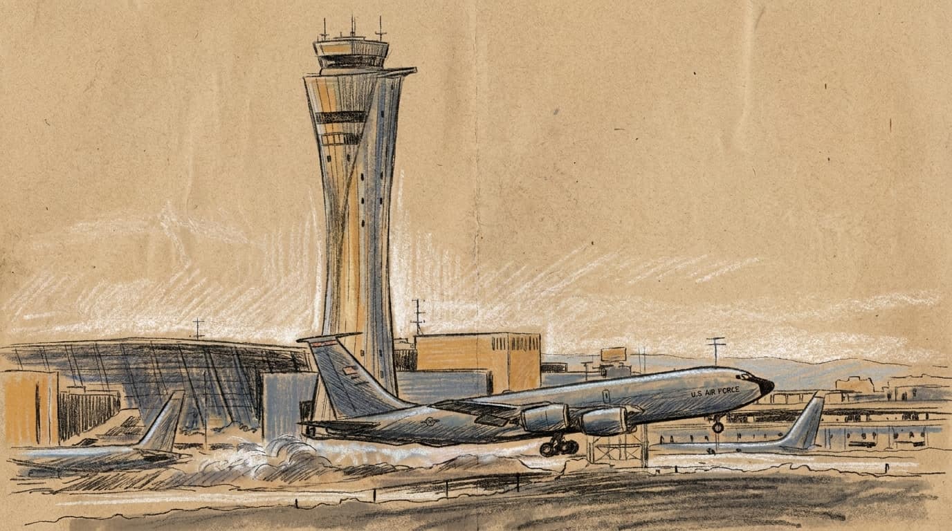 Courtroom-sketch editorial illustration of a U.S. Air Force tanker taking off from Ben-Gurion Airport with the control tower behind it