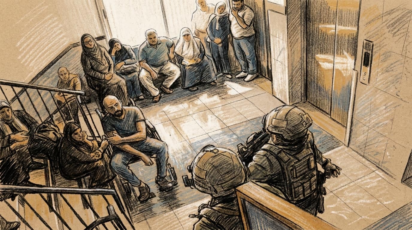 Courtroom-sketch editorial illustration of two helmeted Duvdevan commandos on a stair landing inside a Nablus hospital with bystanders near an elevator