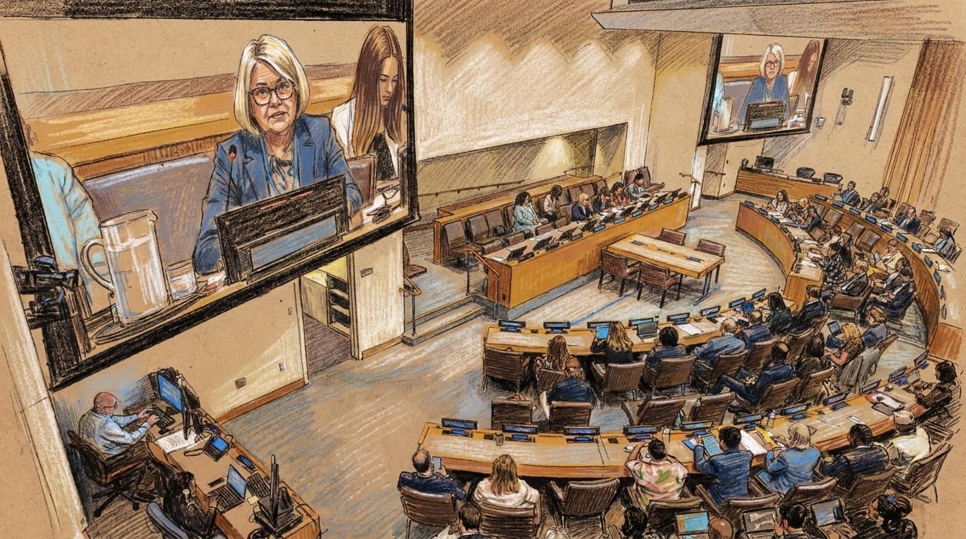 Courtroom-sketch editorial illustration of ICC member-state delegates seated in a United Nations conference chamber during the vote