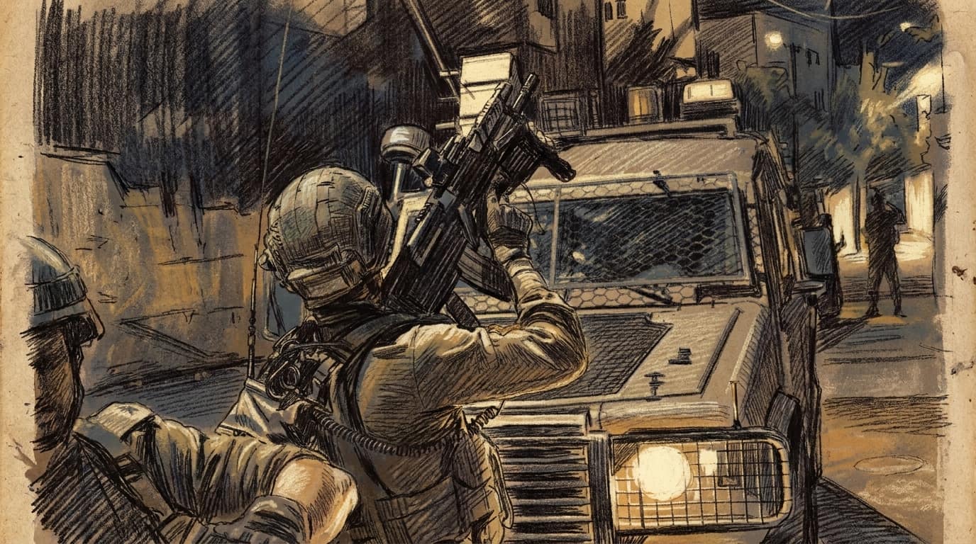 Courtroom-sketch editorial illustration of IDF soldiers beside an armored vehicle on a dark village street