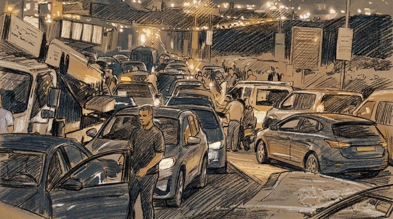 Courtroom-sketch editorial illustration of cars and buses queued in heavy nighttime traffic at a security checkpoint