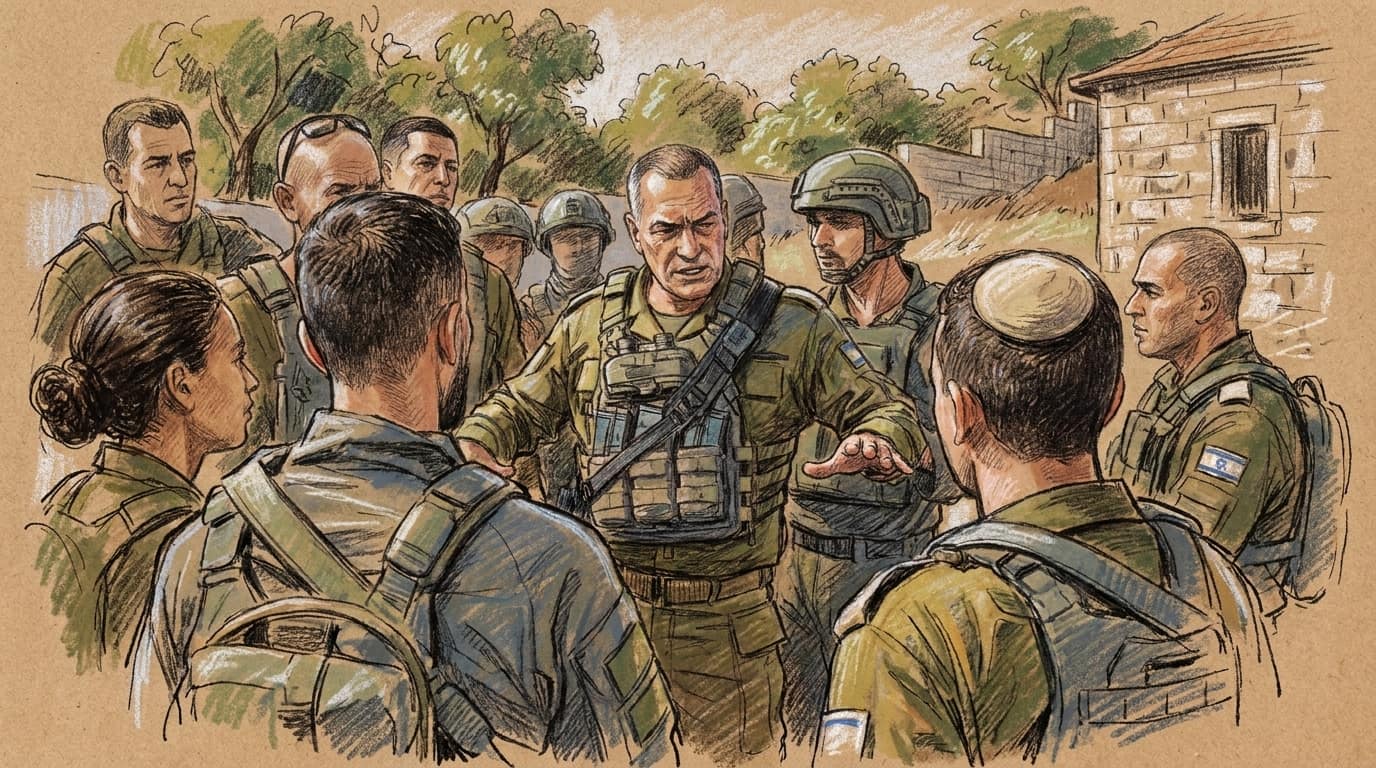 Courtroom-sketch editorial illustration of IDF Chief of Staff Eyal Zamir briefing commanders at the Samaria attack scene