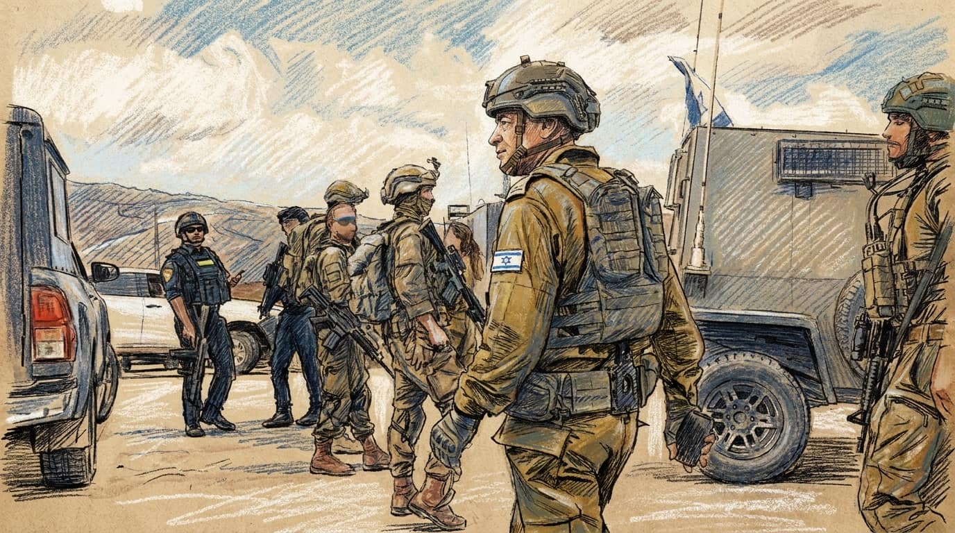 Courtroom-sketch editorial illustration of IDF troops and military vehicles gathered on a Samaria road after a deadly attack