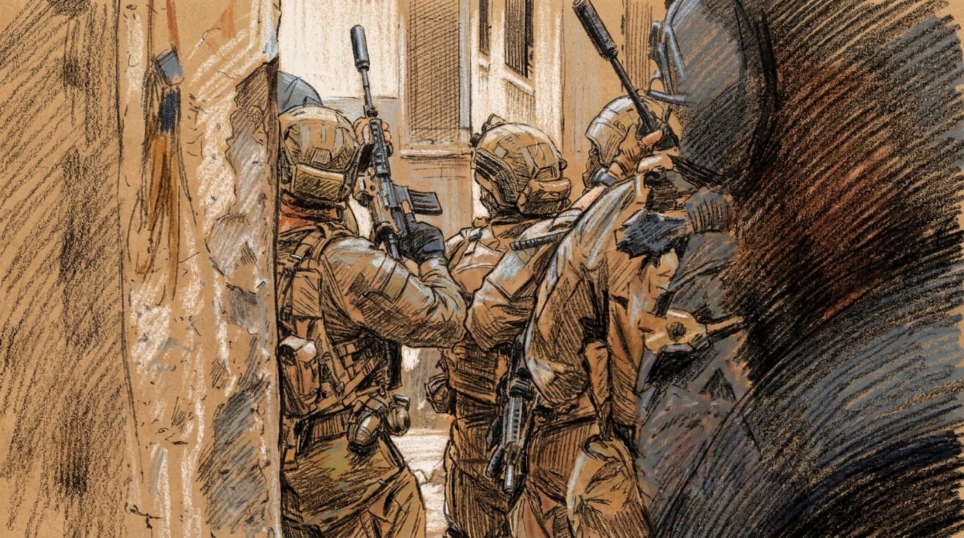 Courtroom-sketch editorial illustration of IDF troops moving through a narrow stone alley in Nablus