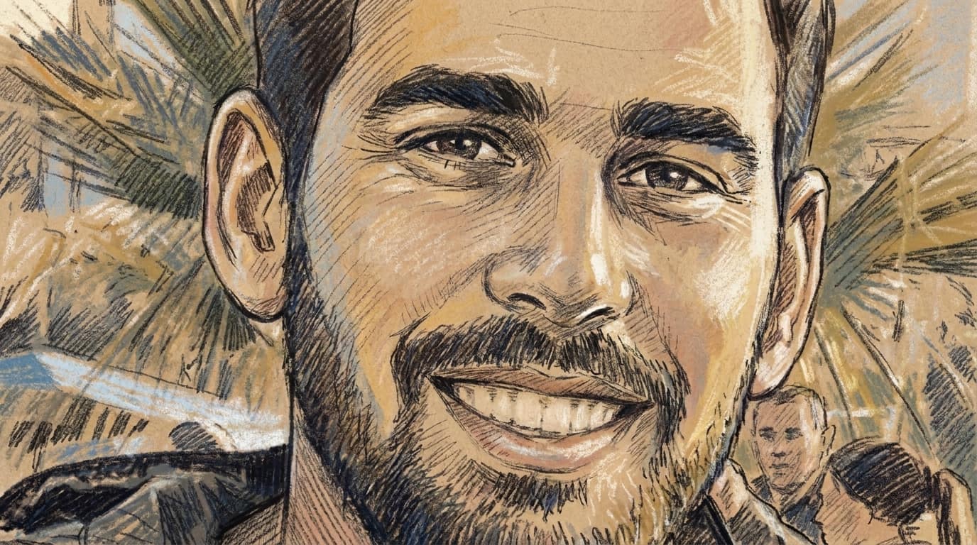 Courtroom-sketch editorial illustration of Maj. Yuval Ezra smiling outdoors