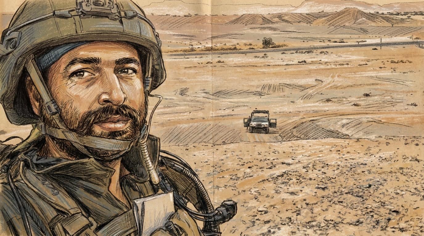 Courtroom-sketch editorial illustration of Benayahu Mellet in military gear overlooking the Samaria landscape