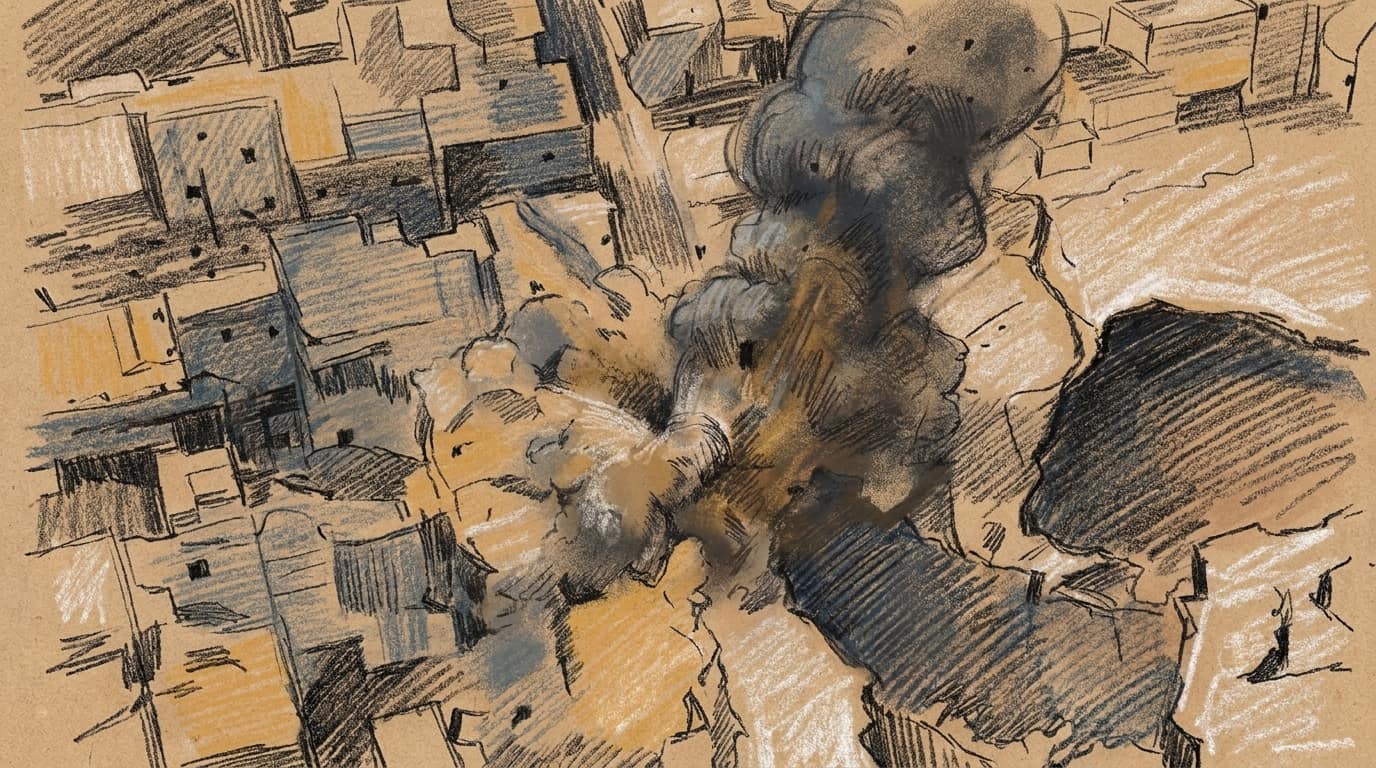 Courtroom-sketch editorial illustration of an aerial strike and smoke plume among low-rise buildings in Gaza