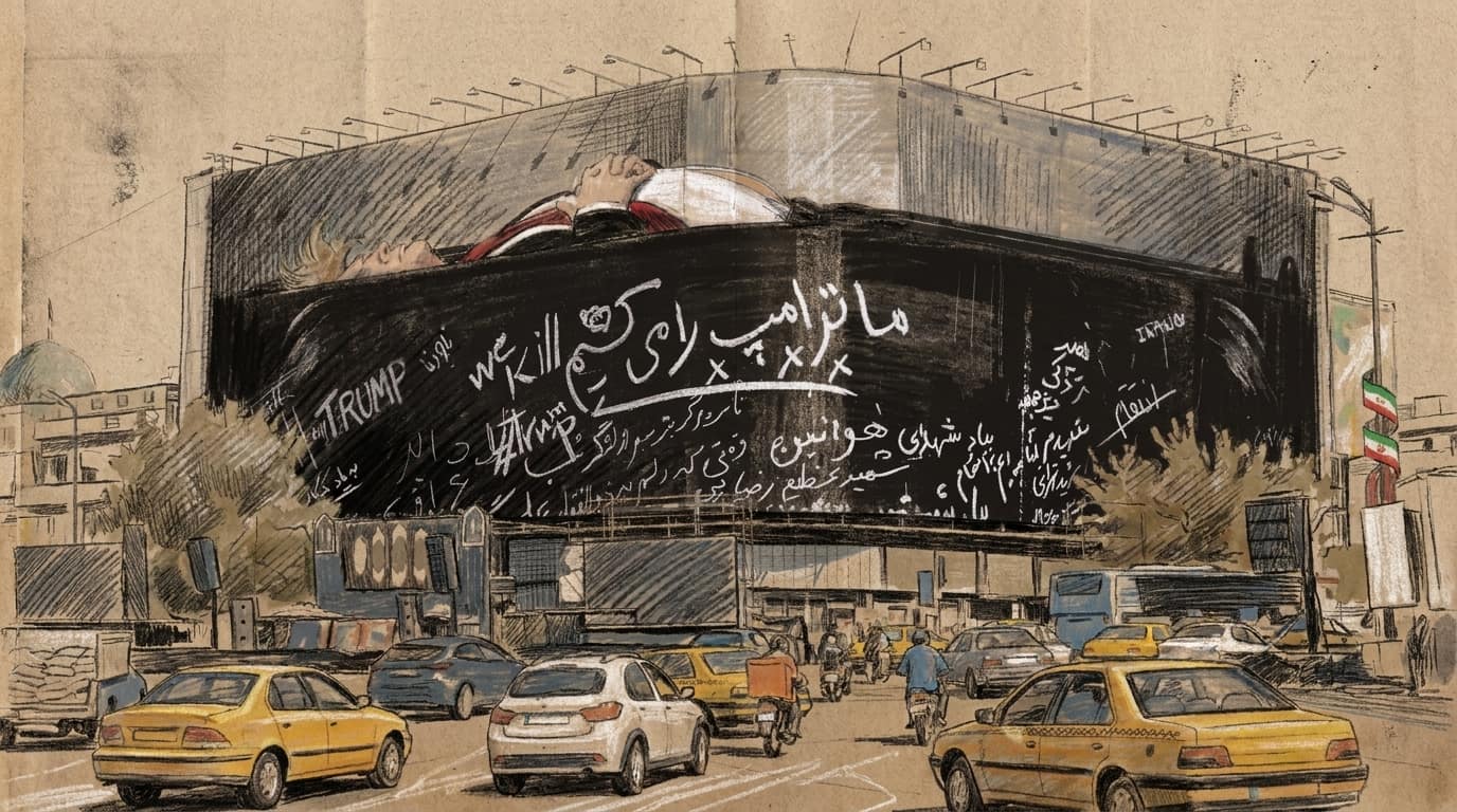 Courtroom-sketch editorial illustration of Tehran traffic passing beneath a massive black anti-U.S. billboard on a concrete building