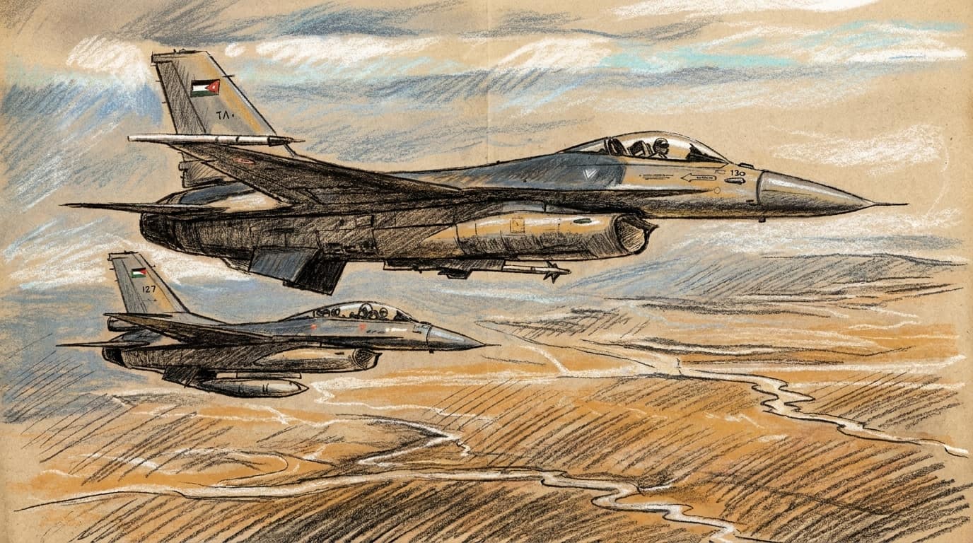 Courtroom-sketch editorial illustration of two Royal Jordanian Air Force F-16 fighter jets flying in close formation above arid terrain