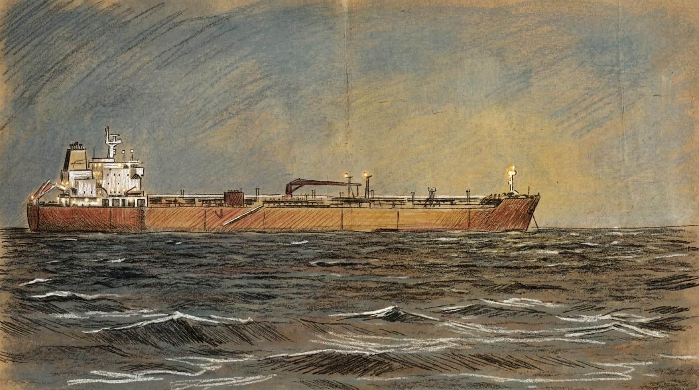 Courtroom-sketch editorial illustration of a red LPG tanker sailing broadside across dark open water beneath a hazy evening sky