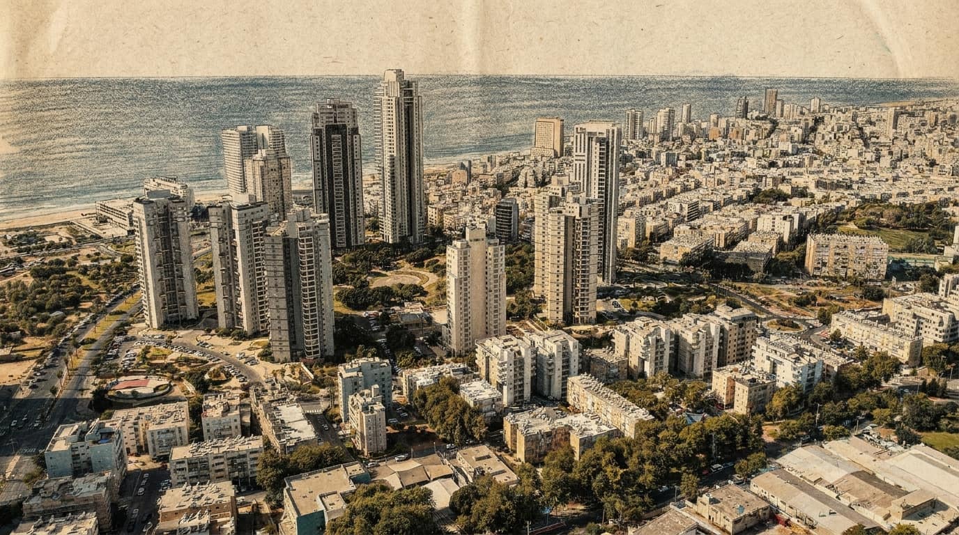 Courtroom-sketch editorial illustration of Bat Yam's City Park neighborhood, residential towers and the Mediterranean coast