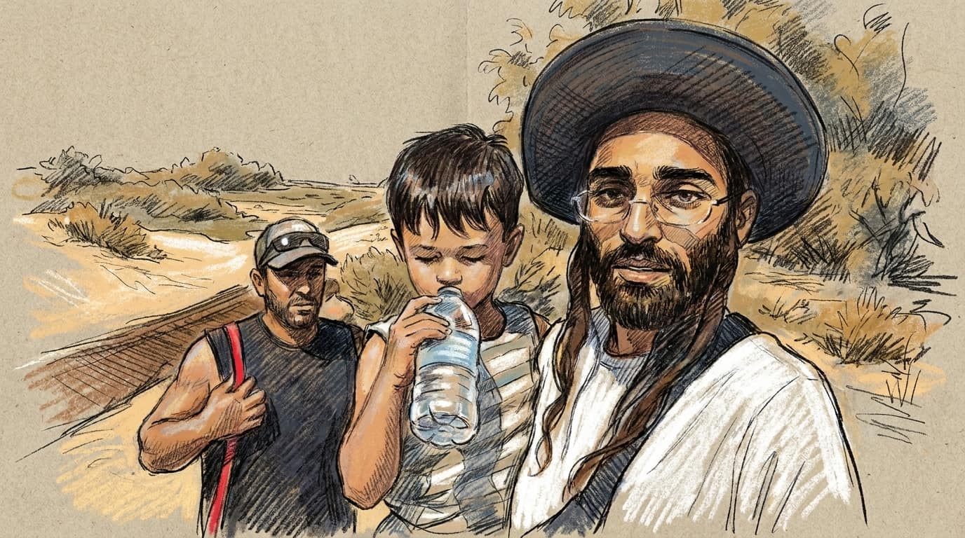 Courtroom-sketch editorial illustration of a search volunteer holding rescued four-year-old Yuval Kogan in coastal dunes with another searcher nearby