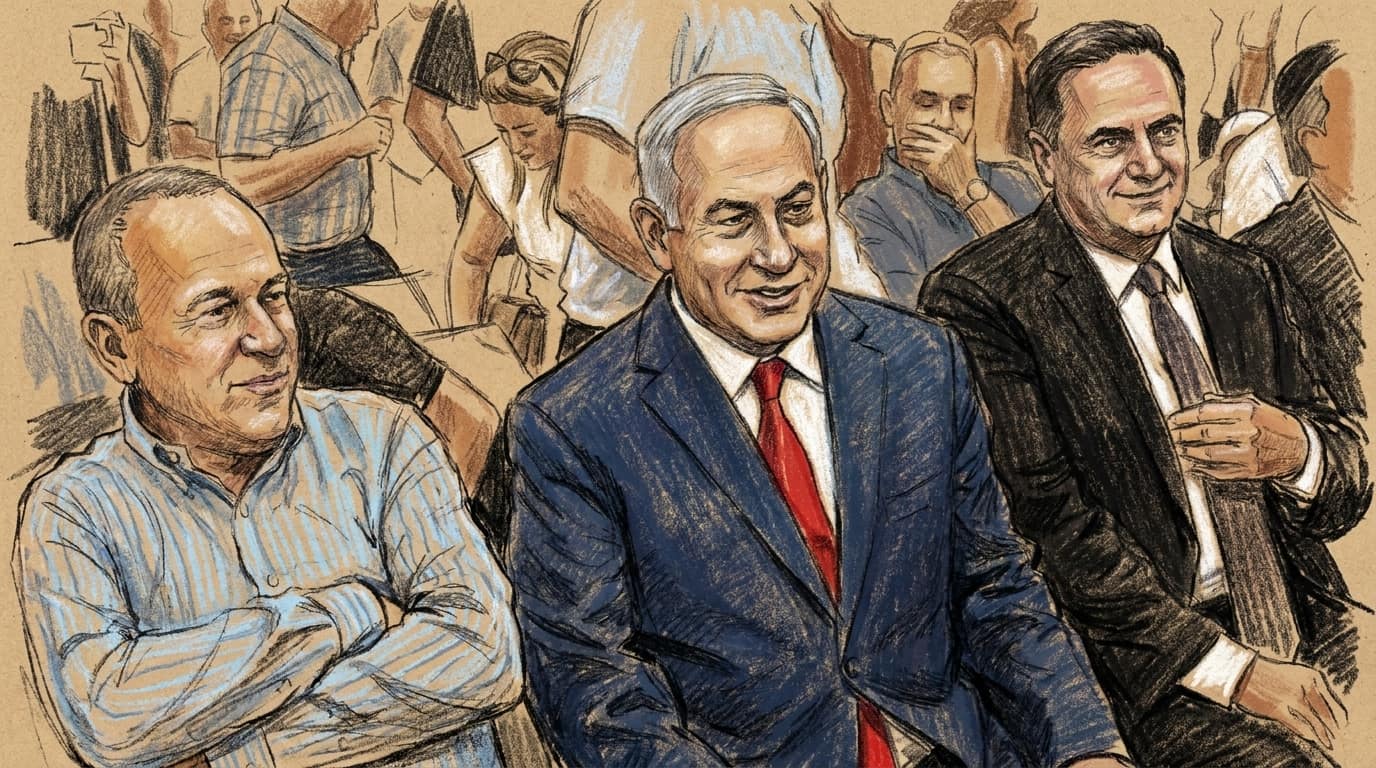 Courtroom-sketch editorial illustration of Benjamin Netanyahu seated between Israel Katz and another Israeli official at a public ceremony