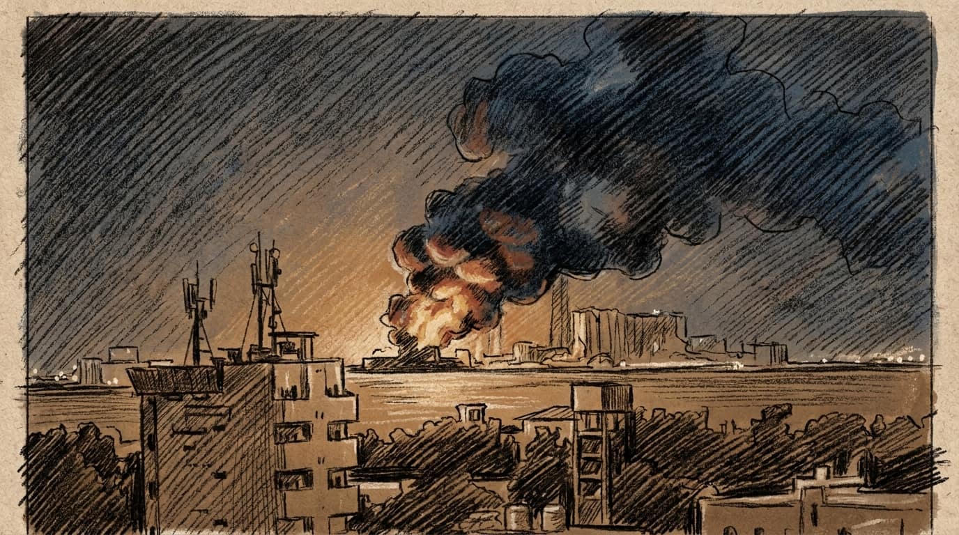 Courtroom-sketch editorial illustration of flames and a smoke plume rising over Hodeidah's port beyond a nighttime city skyline