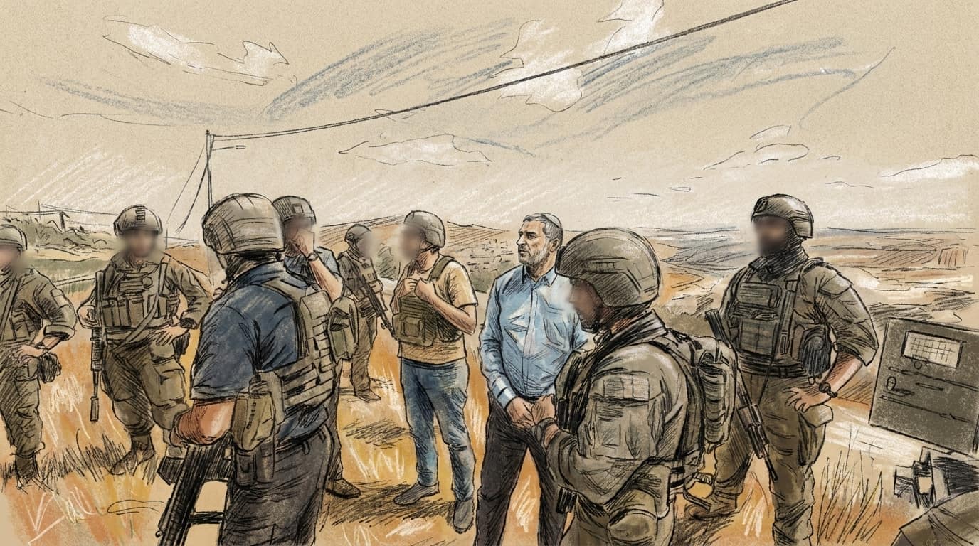 Courtroom-sketch editorial illustration of Shin Bet chief David Zini standing with Israeli security personnel during a field assessment in Samaria