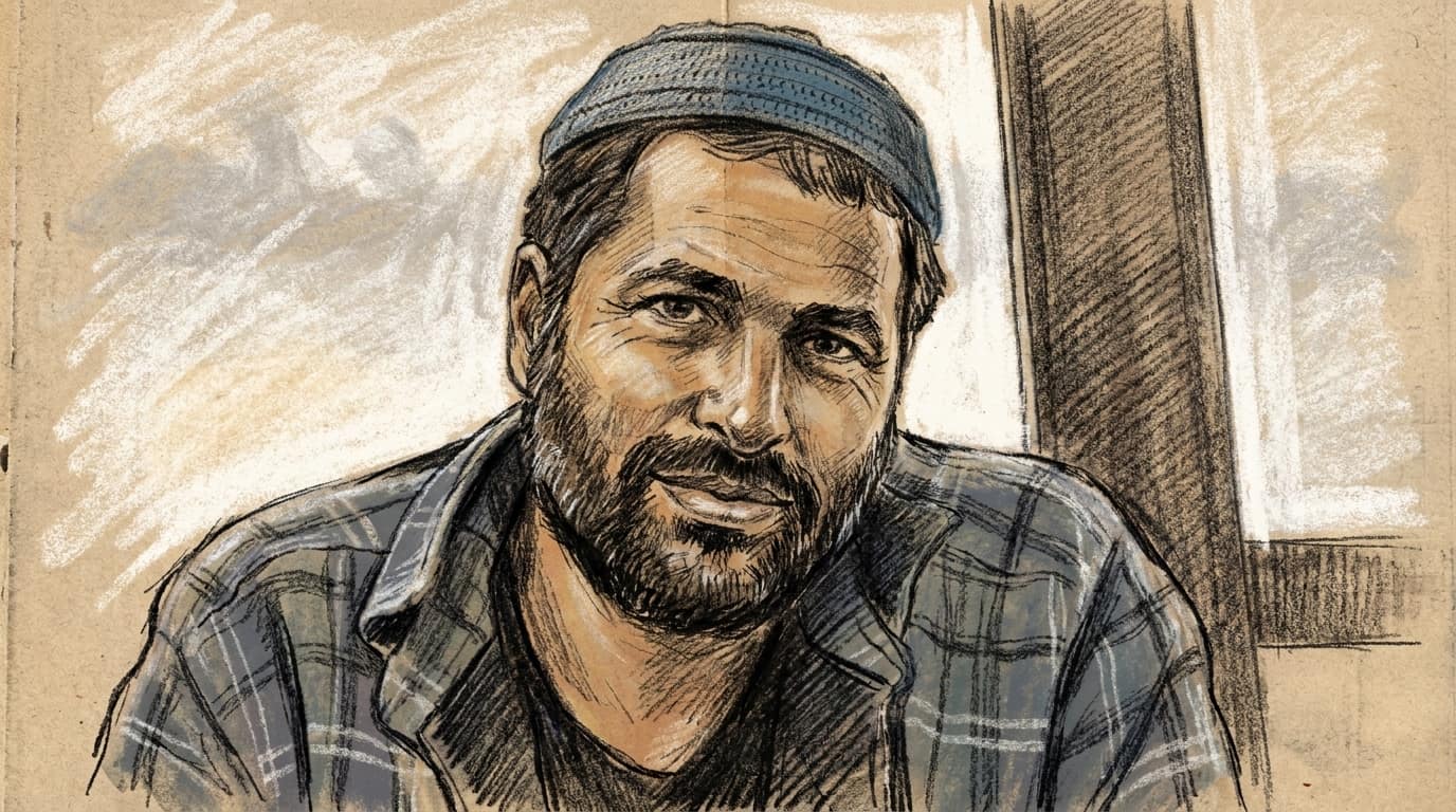 Courtroom-sketch editorial illustration of Bezalel Smotrich wearing a blue knitted kippah and plaid shirt beside a bright window