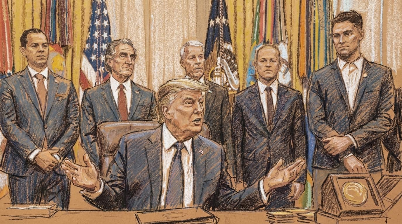 Courtroom-sketch editorial illustration of President Donald Trump speaking at the Resolute Desk with five senior officials standing behind him