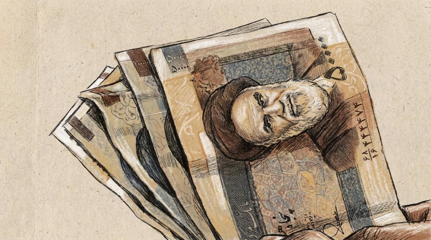 Courtroom-sketch editorial illustration of a hand holding a fanned stack of Iranian rial banknotes