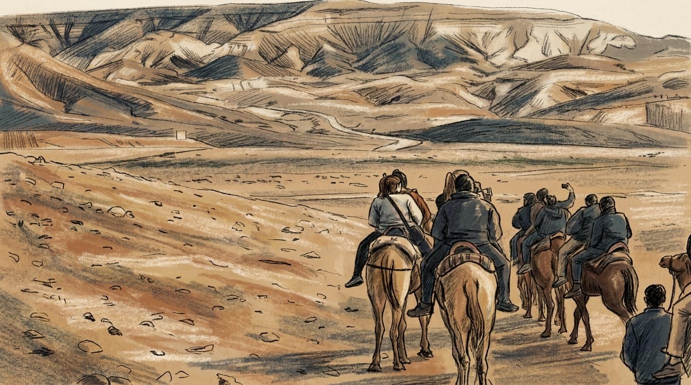 Courtroom-sketch editorial illustration of horseback riders crossing a rocky Negev valley toward layered desert hills
