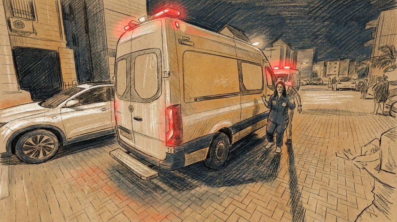 Courtroom-sketch editorial illustration of an ambulance and emergency responder on a residential street in Sderot at night