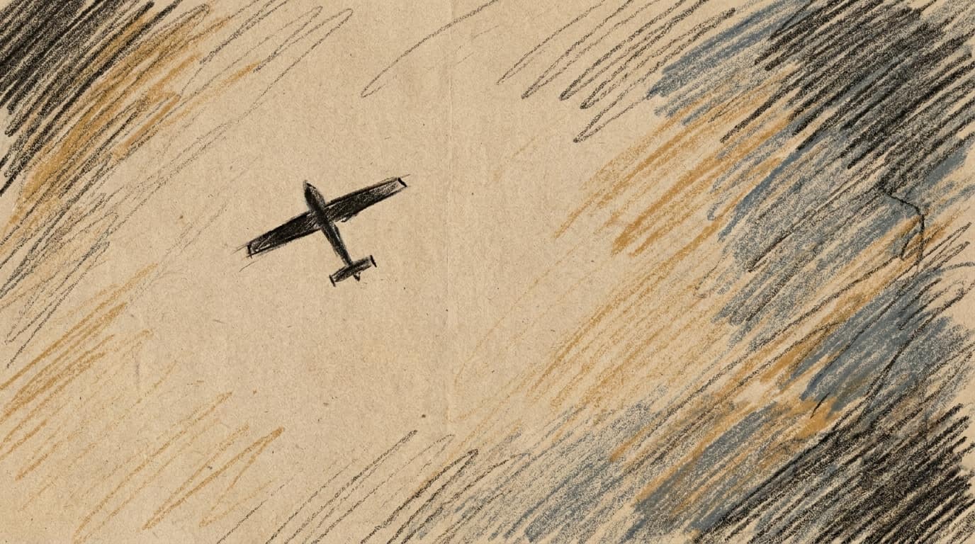 Courtroom-sketch editorial illustration of a single fixed-wing drone flying across a pale sky