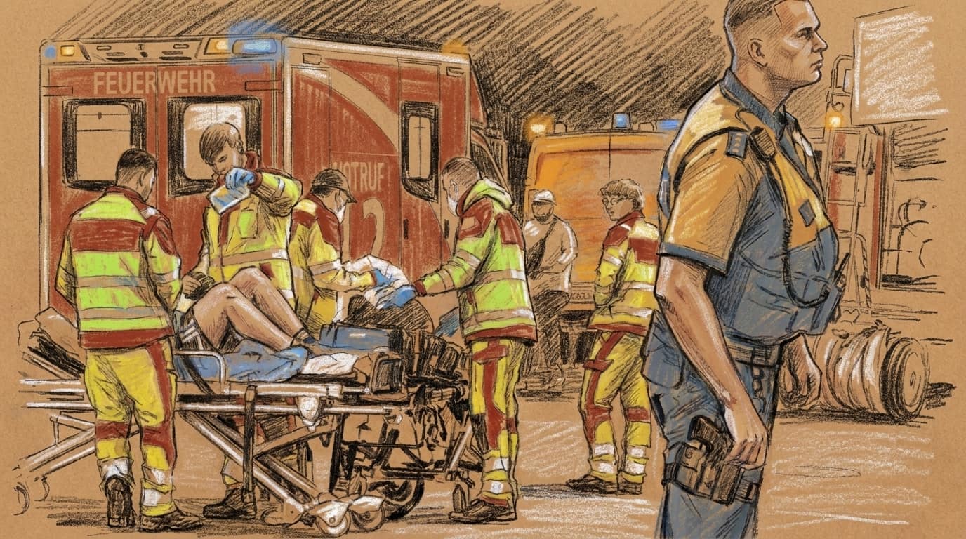 Courtroom-sketch editorial illustration of Berlin paramedics treating an injured person on a stretcher beside emergency vehicles at night while a police officer stands in the foreground