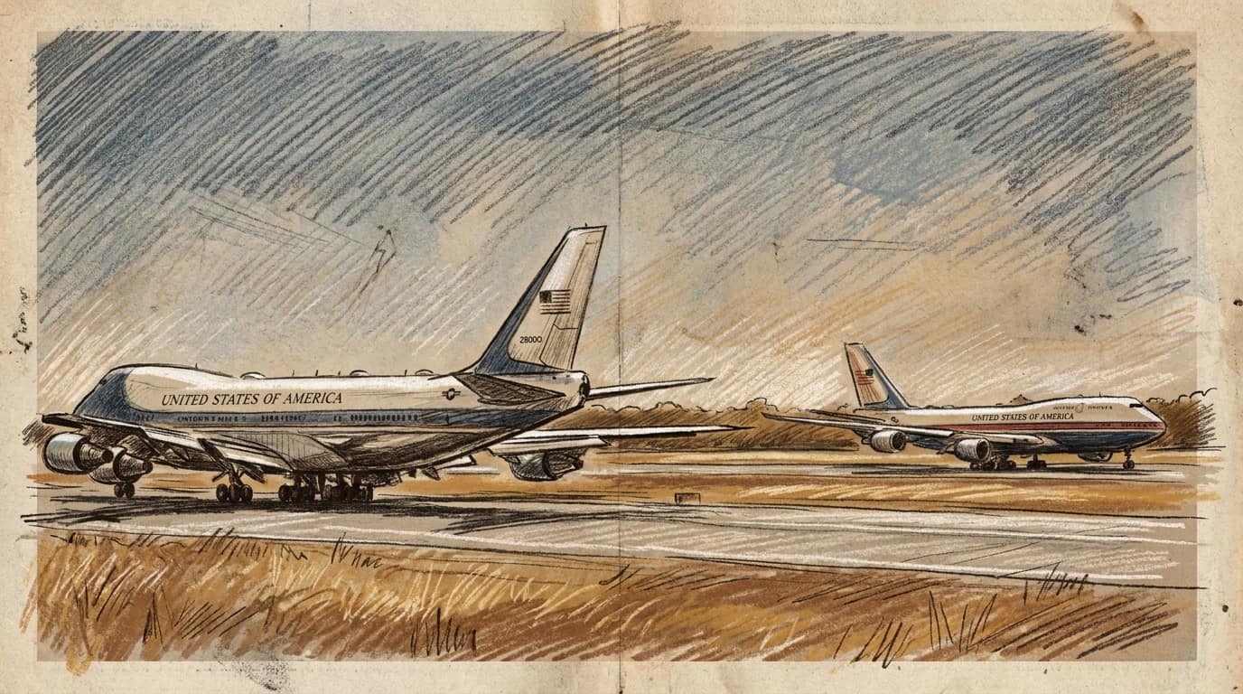 Courtroom-sketch editorial illustration of the older blue-and-white Air Force One and the newer red-white-and-blue presidential jet on an airport runway