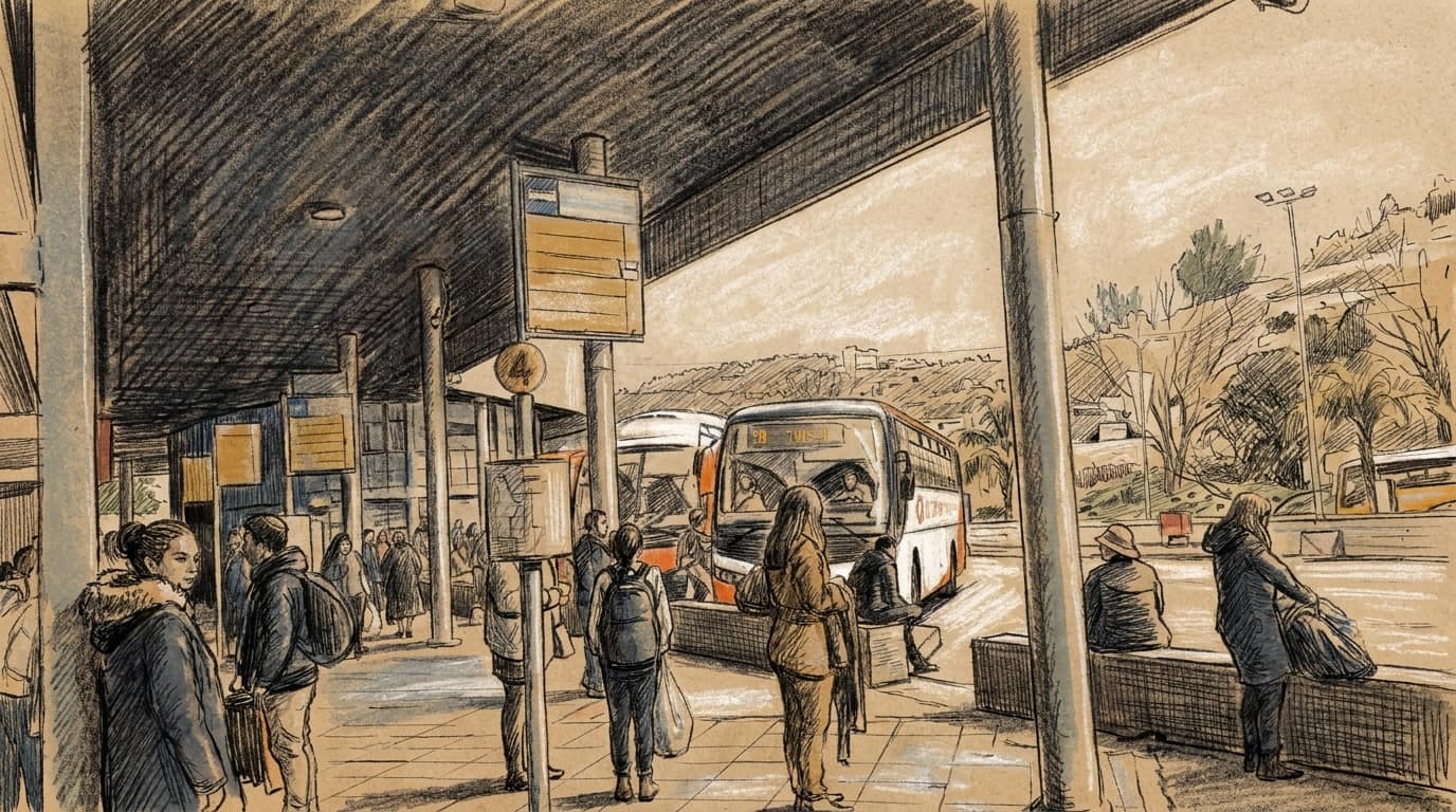 Courtroom-sketch editorial illustration of passengers waiting at Safed Central Bus Station as a bus approaches the covered platform