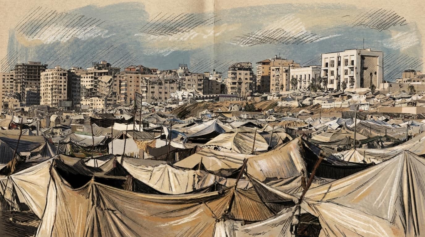 Courtroom-sketch editorial illustration of dense rows of temporary tents in Rafah with damaged apartment blocks behind them
