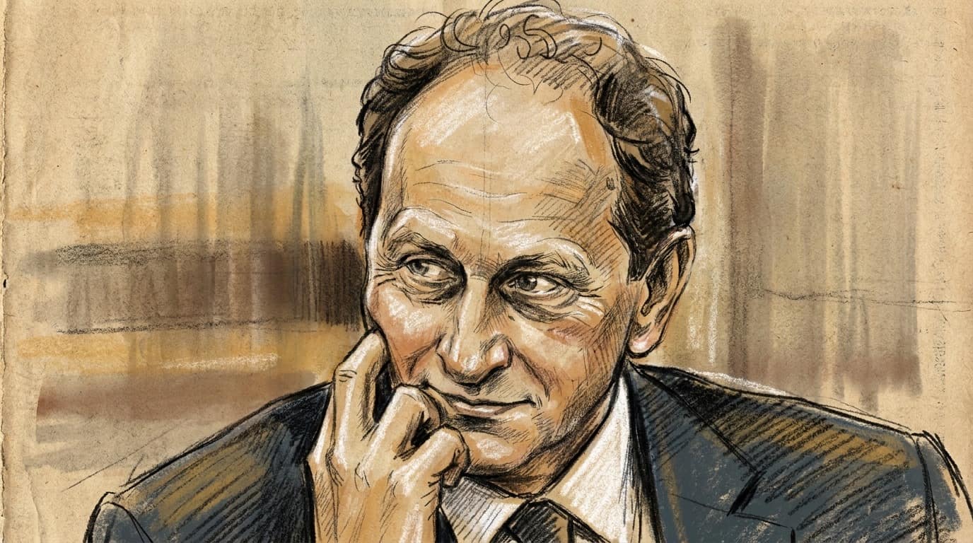 Courtroom-sketch editorial illustration of German Ambassador Alexander Graf Lambsdorff in a dark blue suit resting one hand against his cheek