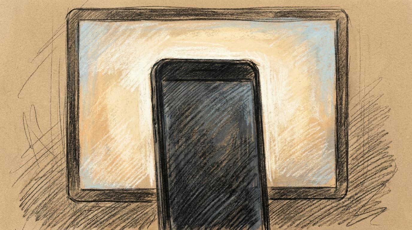 Courtroom-sketch editorial illustration of a black smartphone centered in front of a bright desktop computer screen
