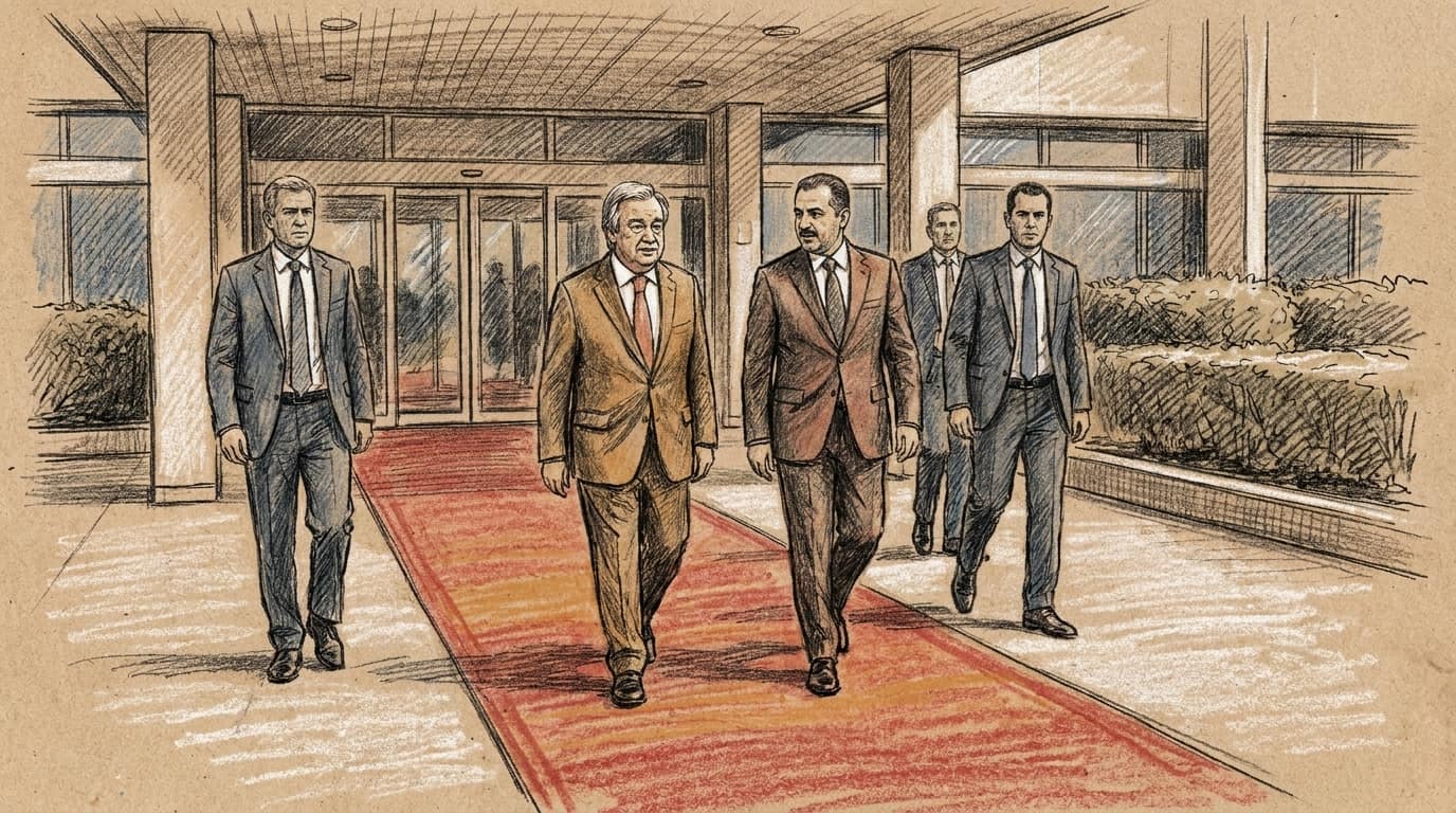 Courtroom-sketch editorial illustration of UN Secretary-General António Guterres walking on a red carpet beside Syrian Foreign Minister Asaad al-Shaibani outside Damascus International Airport