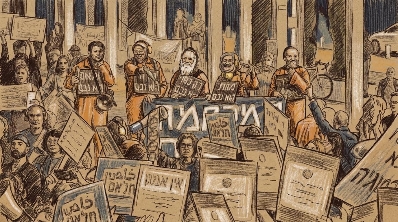 Courtroom-sketch editorial illustration of a nighttime protest with religious Jewish demonstrators in orange costumes holding placards before a crowd
