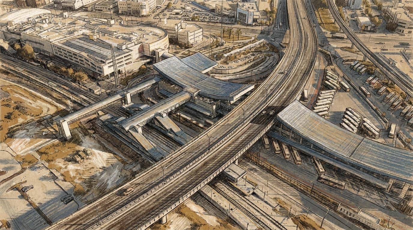 Courtroom-sketch editorial illustration showing an aerial view of Haifa's Merkazit HaMifratz transport terminal, elevated highways, rail lines, and rows of buses