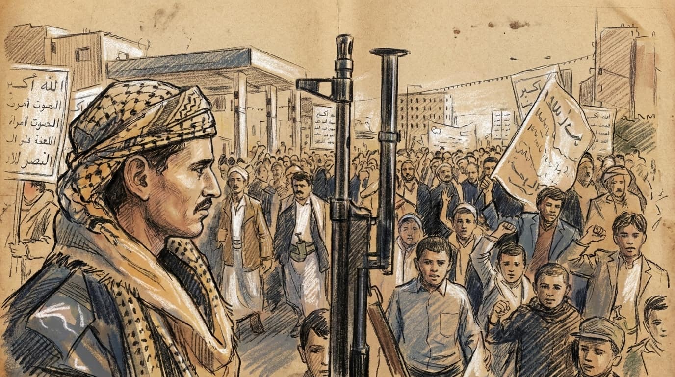 Courtroom-sketch editorial illustration of a rifle-bearing Houthi rally participant in profile before a crowd holding signs and flags in Sana'a