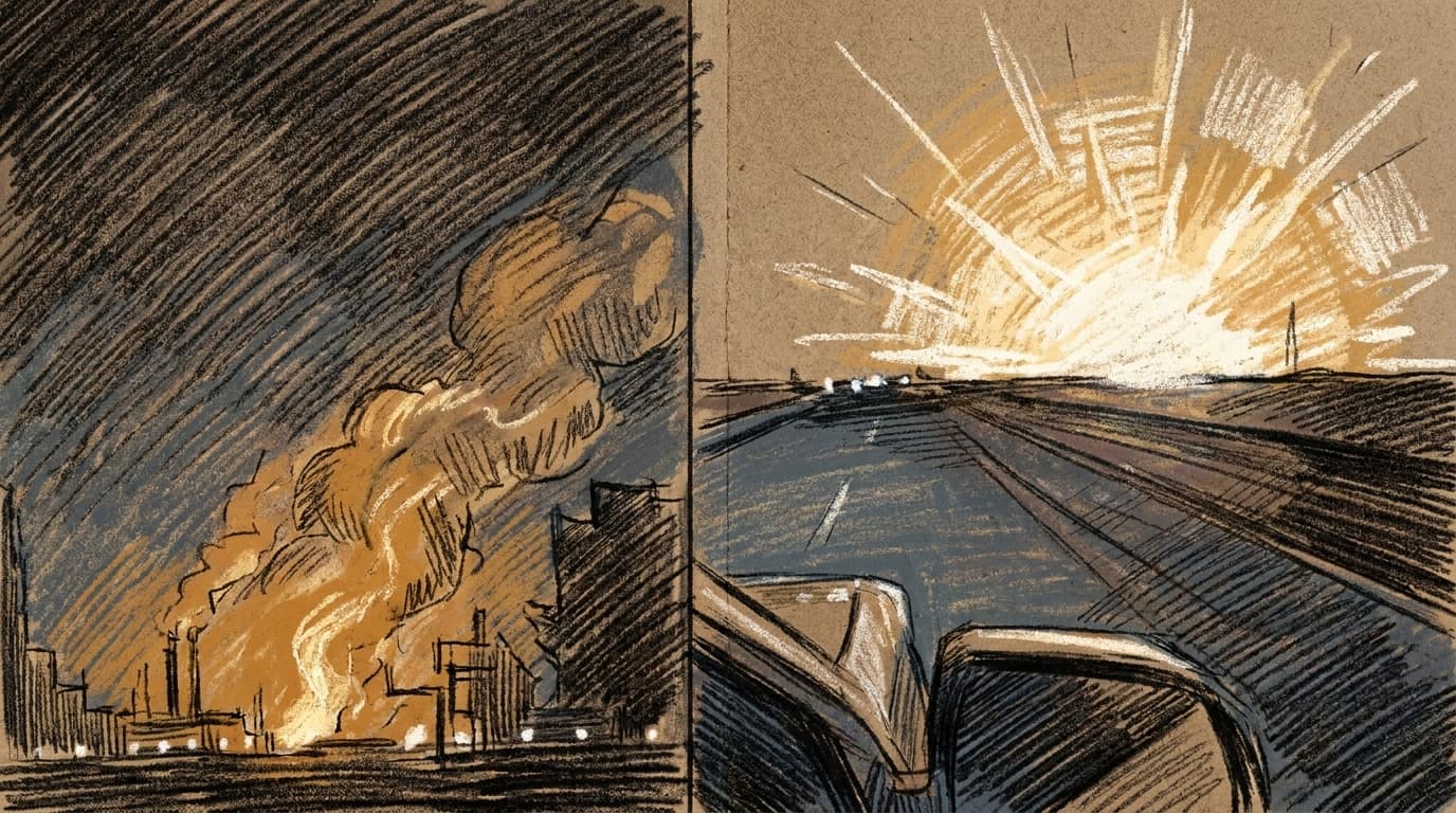 Courtroom-sketch editorial illustration of flames and smoke rising beyond an industrial site beside a bright nighttime blast over a road