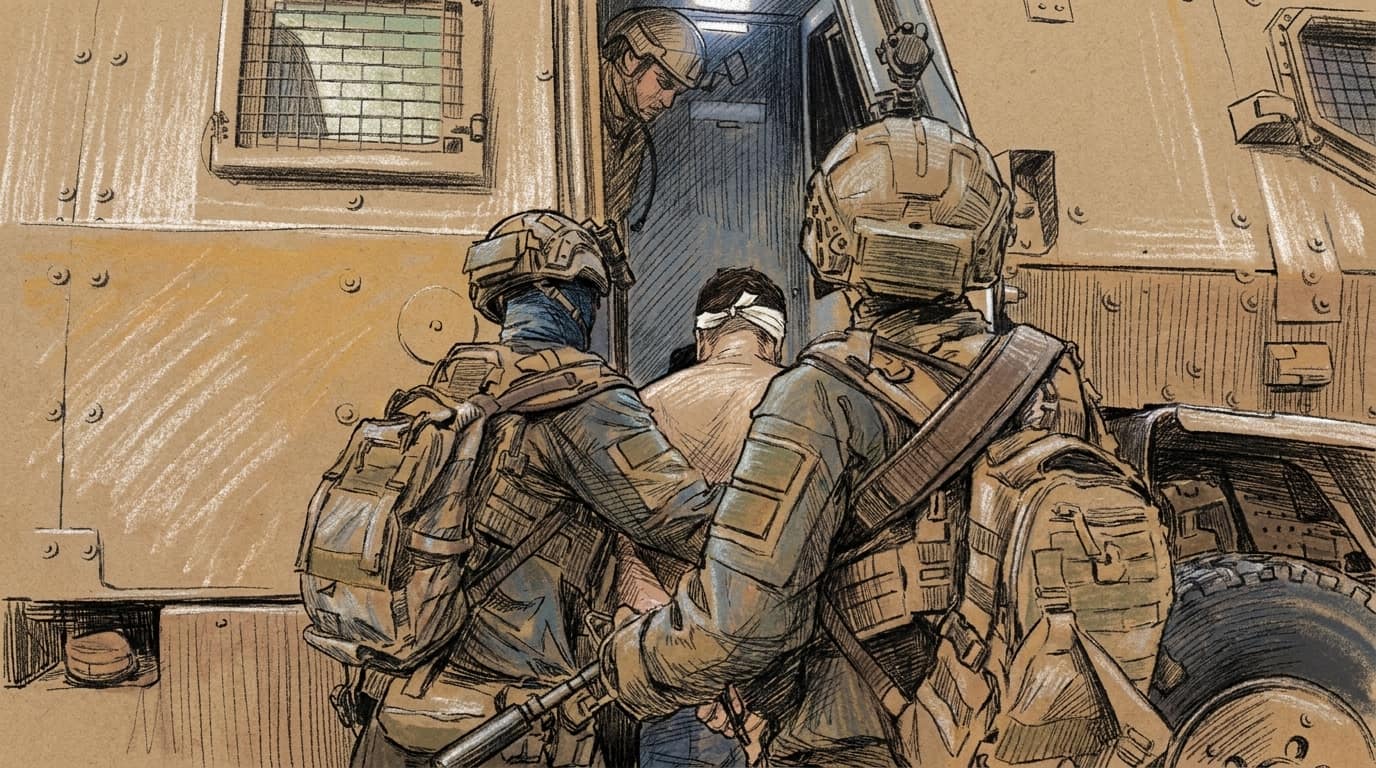 Courtroom-sketch editorial illustration of two IDF soldiers escorting a detainee into an armored vehicle
