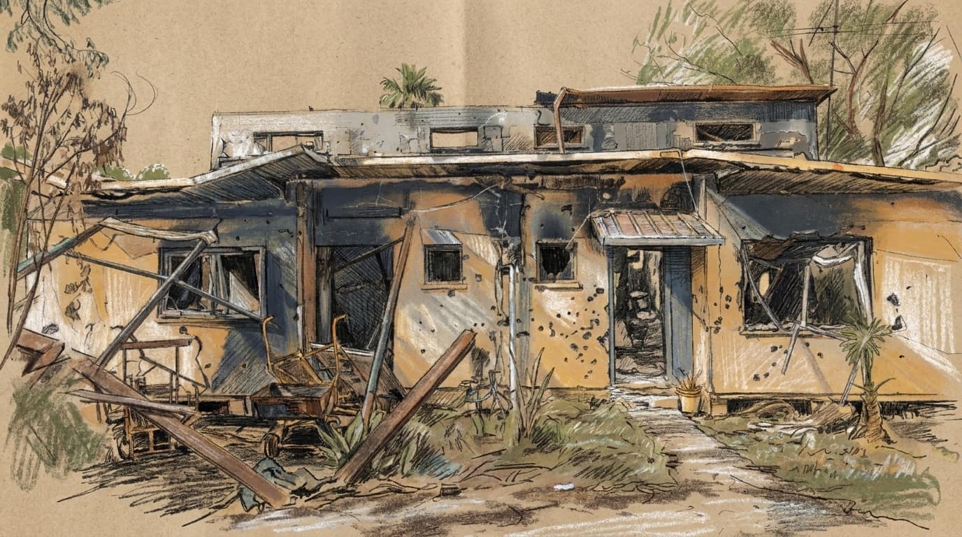 Courtroom-sketch editorial illustration of a heavily damaged one-story home with shattered windows, scarred walls and twisted metal awnings
