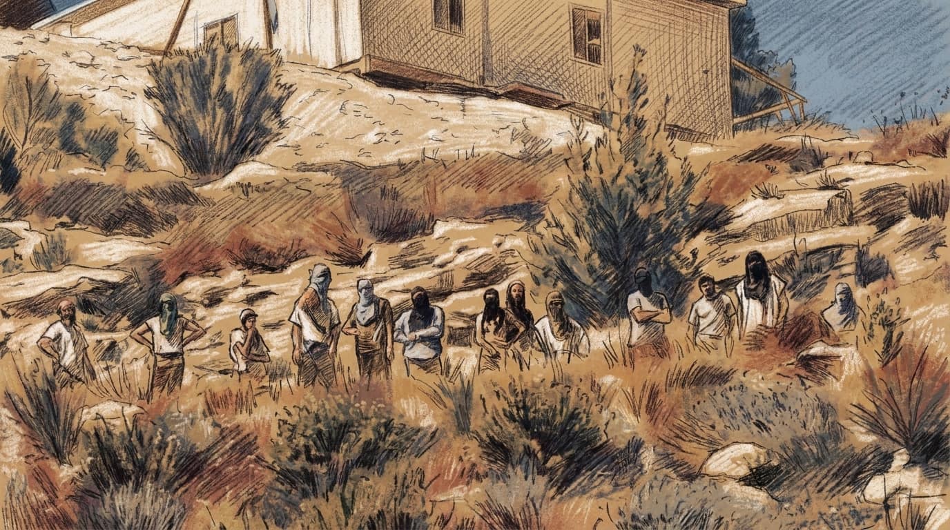 Courtroom-sketch editorial illustration of a group walking across a rocky hillside below a white building in Tell