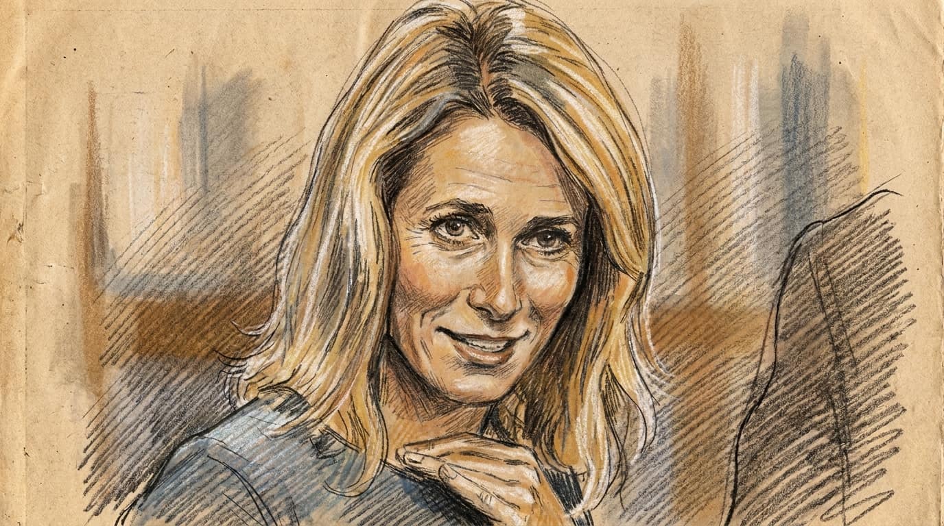Courtroom-sketch editorial illustration of Kaja Kallas seated indoors with one hand beneath her chin