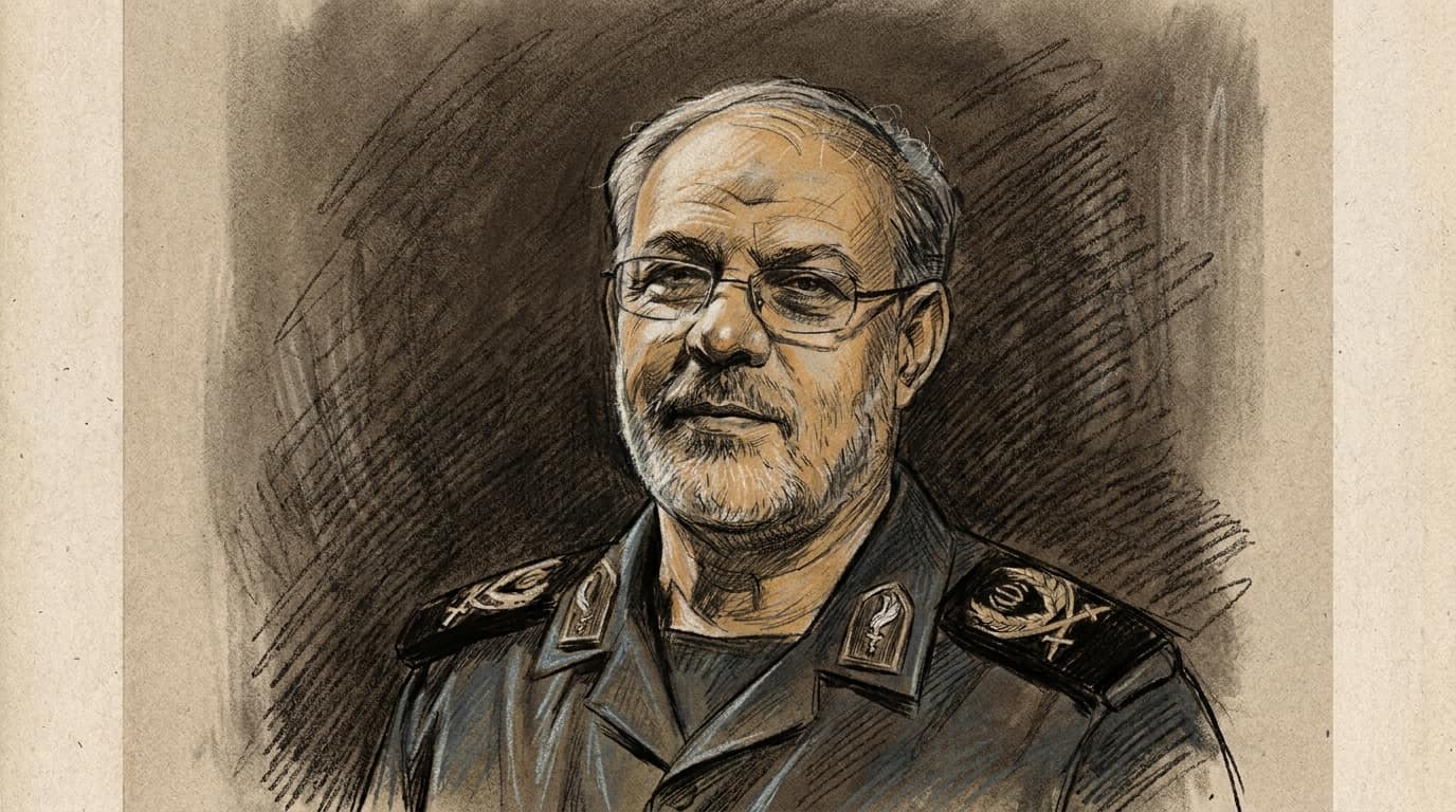 Courtroom-sketch editorial illustration of an Iranian Revolutionary Guard officer in a dark green uniform against a charcoal background