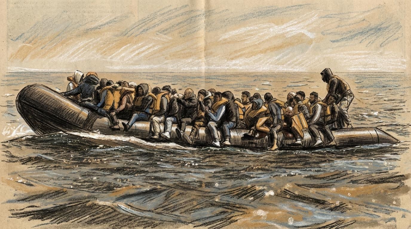 Courtroom-sketch editorial illustration of people aboard a crowded inflatable boat crossing choppy open water